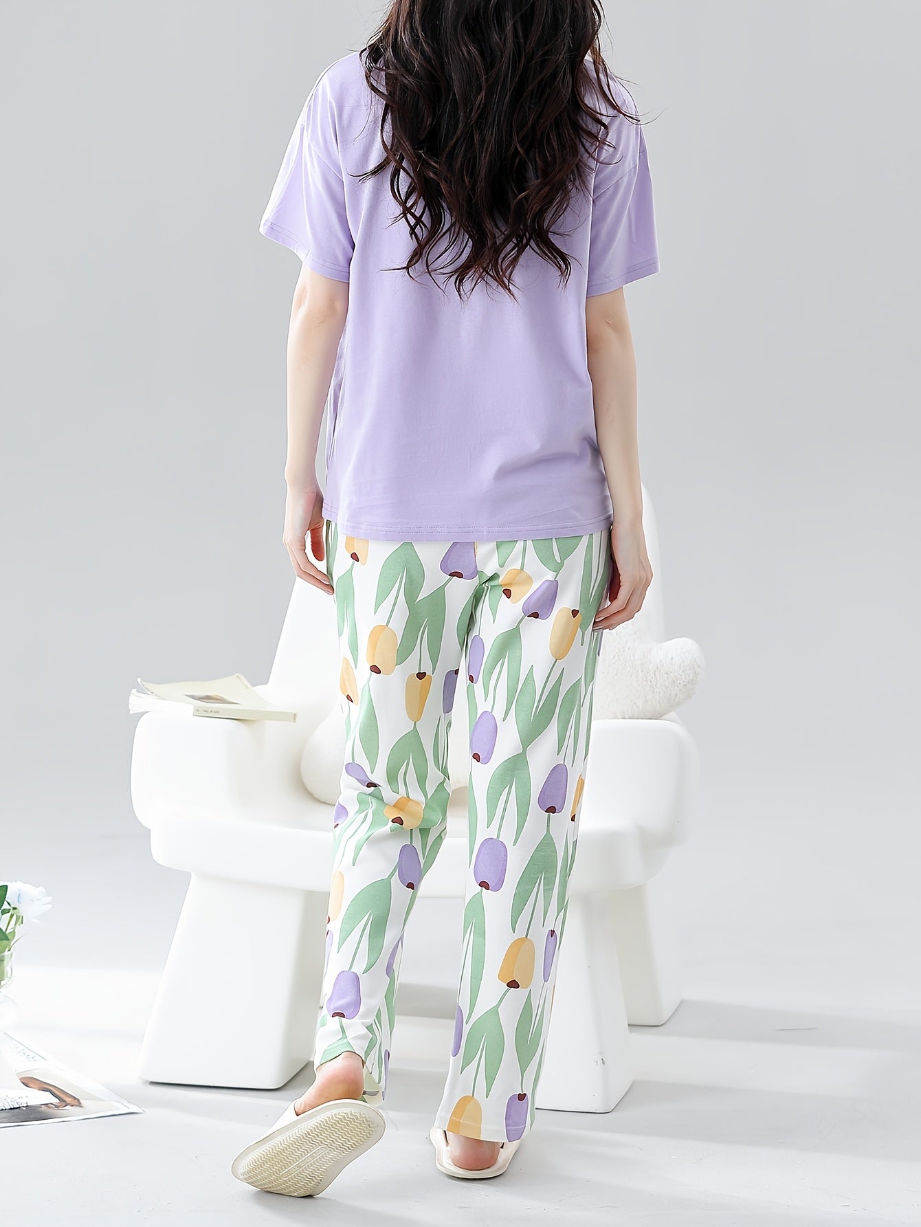 Spring and Autumn Women's Pajama Set: Short Sleeve, Long Pants, Casual Flower Rabbit Design for Both Indoor and Outdoor Wear.