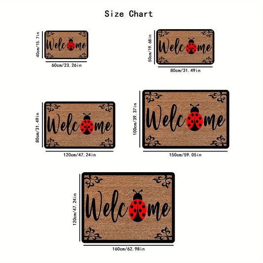 Welcome your guests with the cute Ladybug Print Door Mat, featuring a 1.1cm thickness for non-slip durability. Made from machine washable, stain-resistant polyester fiber, this entryway rug is perfect for the kitchen, living room, foyer, balcony, or