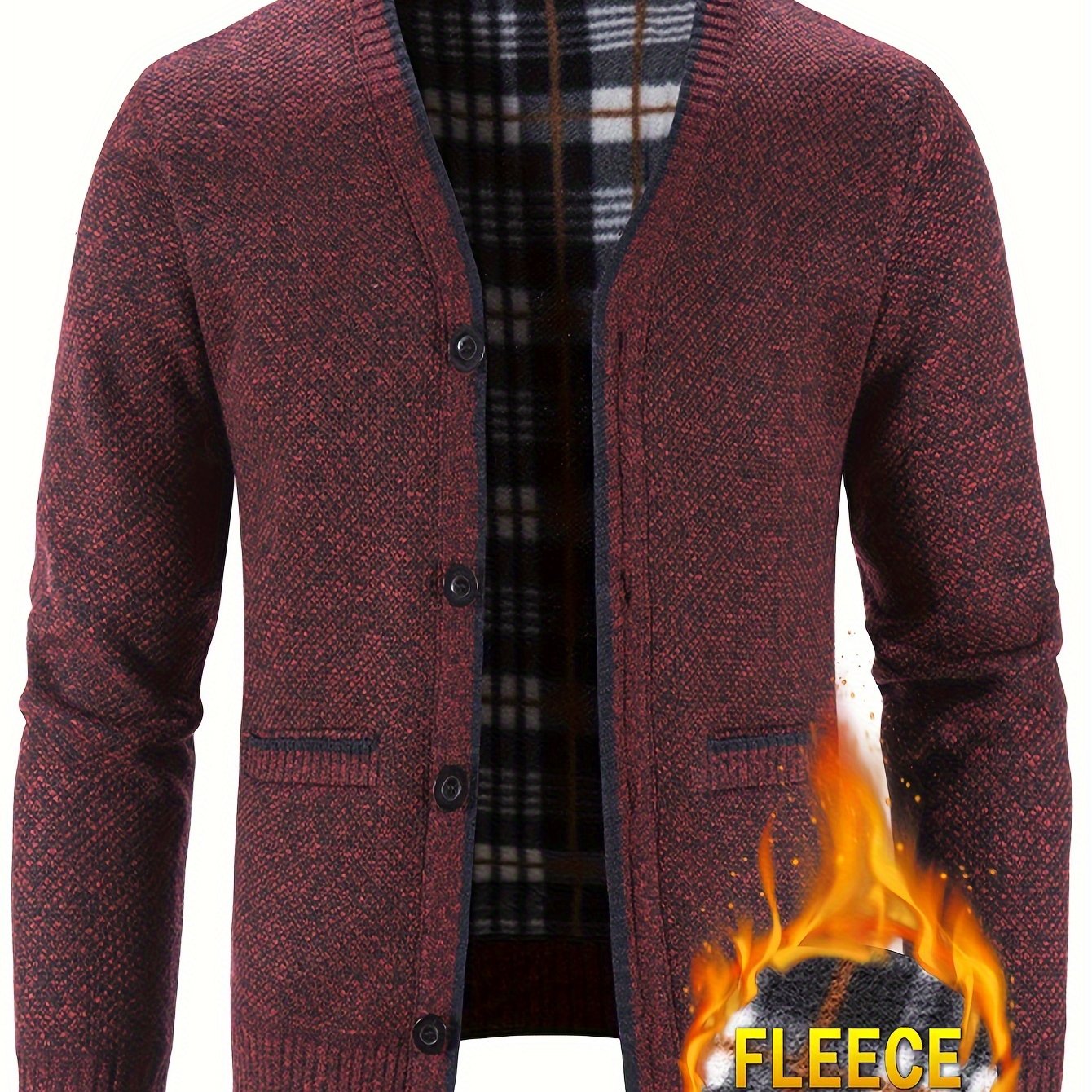 Men's Plaid Fleece Lined Knit Jacket, Casual Stylish Coat for Spring and Autumn