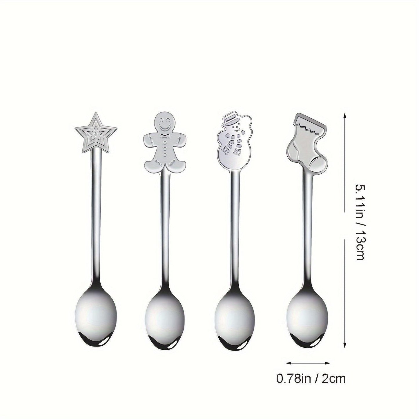 8-piece stainless steel mini spoon set with festive holiday designs for tea, coffee, desserts, and ice cream, perfect for use at home, restaurants, food trucks, cafes.