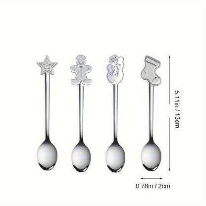 8-piece stainless steel mini spoon set with festive holiday designs for tea, coffee, desserts, and ice cream, perfect for use at home, restaurants, food trucks, cafes.