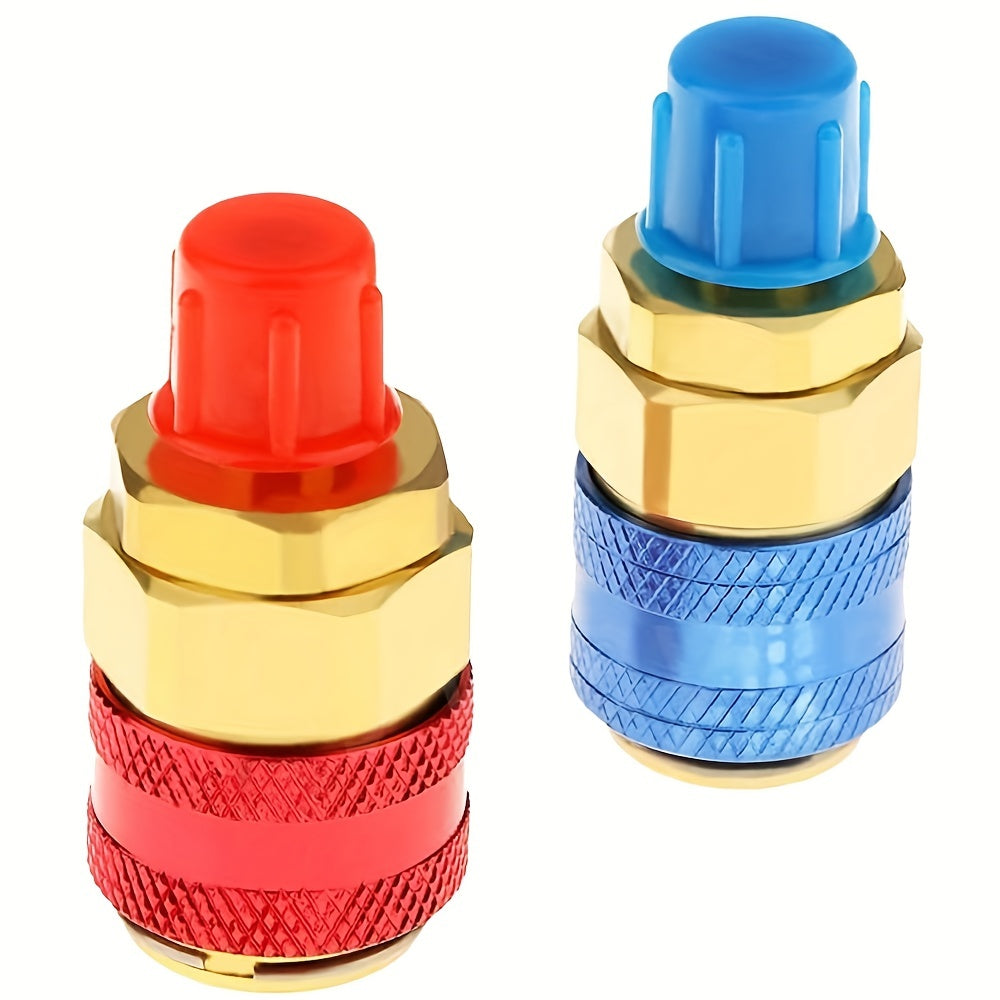 2 pieces of AC R134A quick coupler connector adapters with high and low manifold fittings. These brass adapters are suitable for air conditioning refrigerant systems.