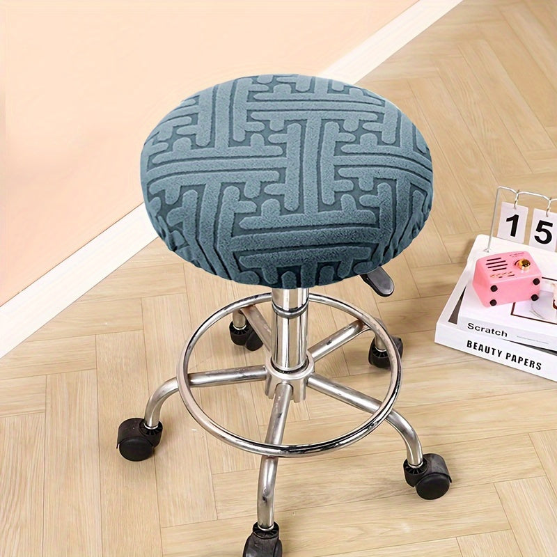 Modern round stool cover with geometric patterns, ideal for bar chairs and countertops. Beige, elastic, dustproof, machine washable polyester blend fabric.