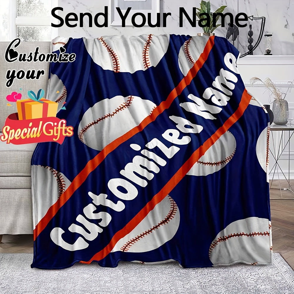 Fleece Baseball Blanket with Custom Name, Personalized Sports Throw, Reversible Design, Lightweight All-Season Sofa Camping Travel Blanket, Contemporary Style, Machine Washable, Superfine Fiber Cover, Knitted Fabric, 3D Baseball Print, 250-300g Square