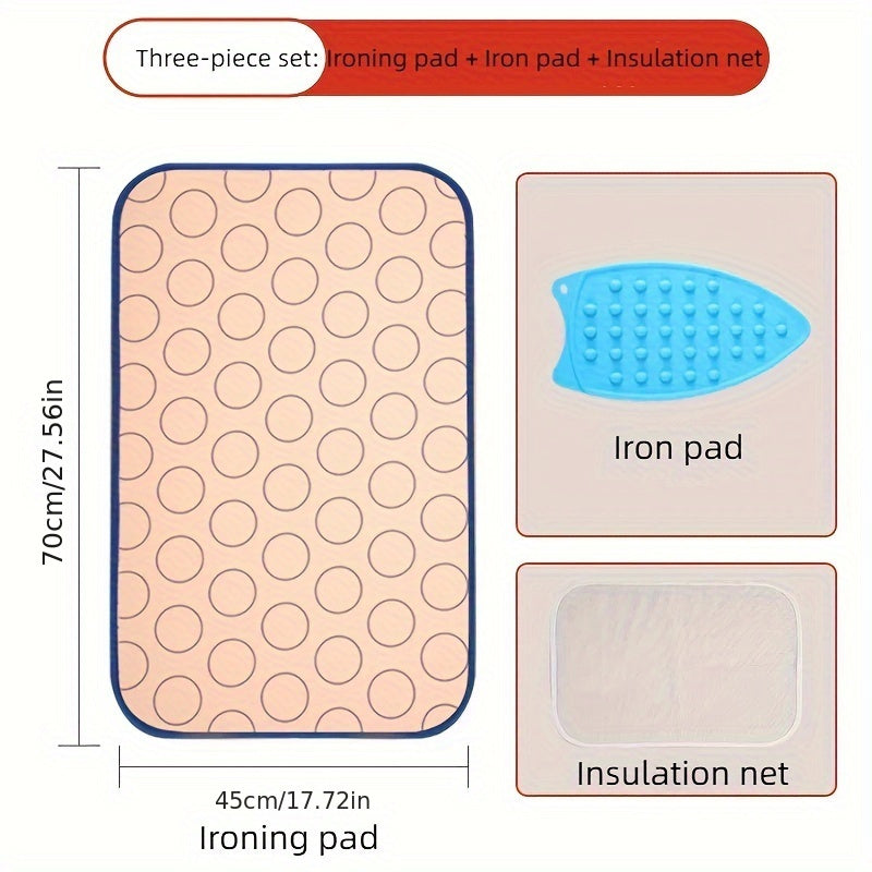 This three-piece set includes a high temperature resistant foldable ironing pad, ironing insulation net, and silicone ironing pad. It provides layered protection, waterproof steam insulation, and is portable for travel or home use.