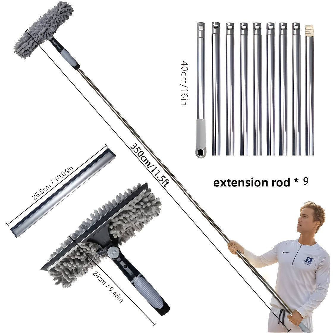 Window cleaner kit with washer, squeegee, microfiber cloth, stainless steel handle, resin head, and 59.74-meter reach, available in 5 colors. No electricity needed.