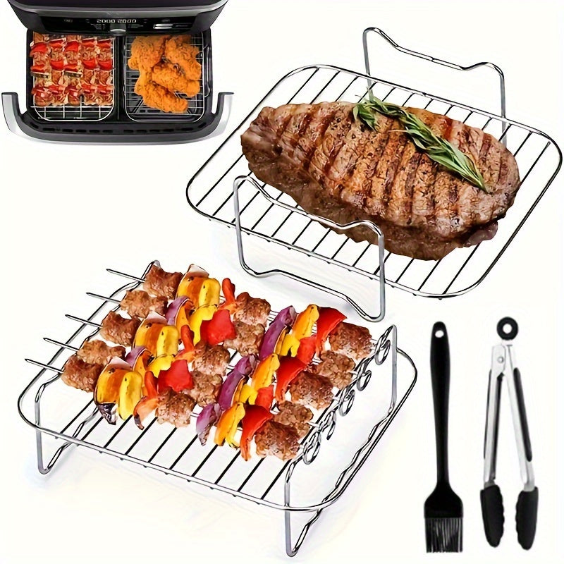 Air Fryer Accessories Set with Skewer Rack, Grill, Food Clip, Silicone Oil Brush, and Steak & Chicken Wings Grill Rack. Compatible with Ninja AF500UK Multifunctional 304 Stainless Steel Oven Stand. Convenient and Easy-to-Clean Baking Tools for your Home