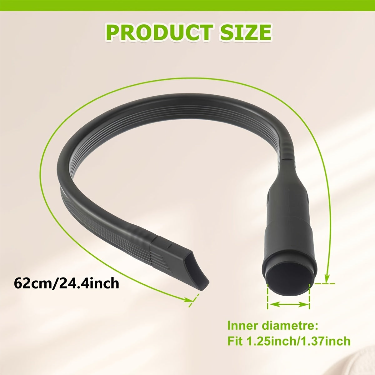 The FlexiClean 24.4" Crevice Vacuum Attachment is designed for versatile home and car cleaning tasks. This flexible hose tool features a 1.25" diameter, making it compatible with 1 1/4" ID vacuum attachments. Made of lightweight plastic, it includes