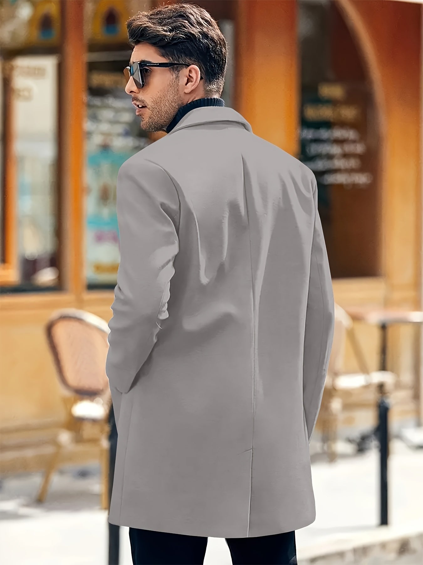 Men's Fall/Winter Polyester Coat with Solid Color, Long Sleeve Lapel Work Jacket, Button Details, Non-Stretch Woven Fabric, Regular Fit.