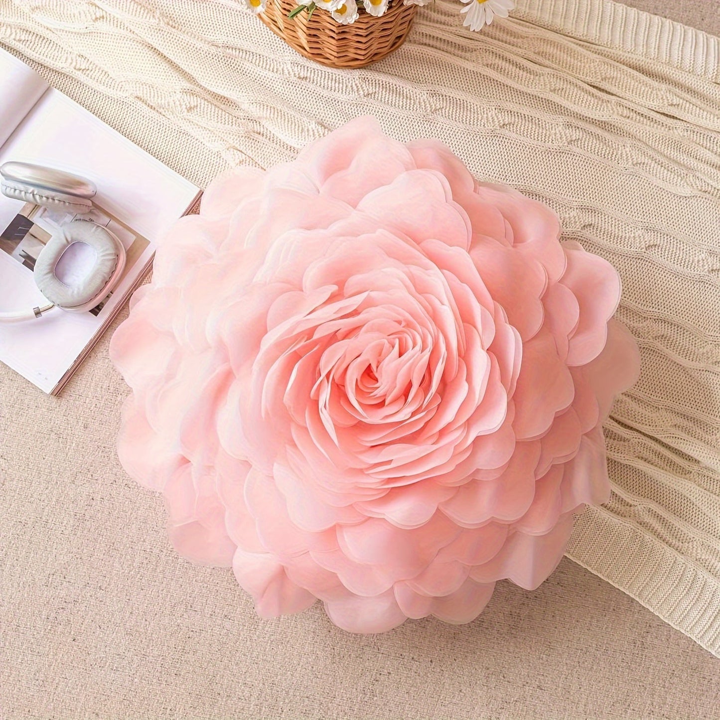 3D Princess Style Tulle Flower Throw Pillow Case in Light Luxury, Perfect for Bedroom or Living Room Décor. Ideal Halloween or Christmas Gift.