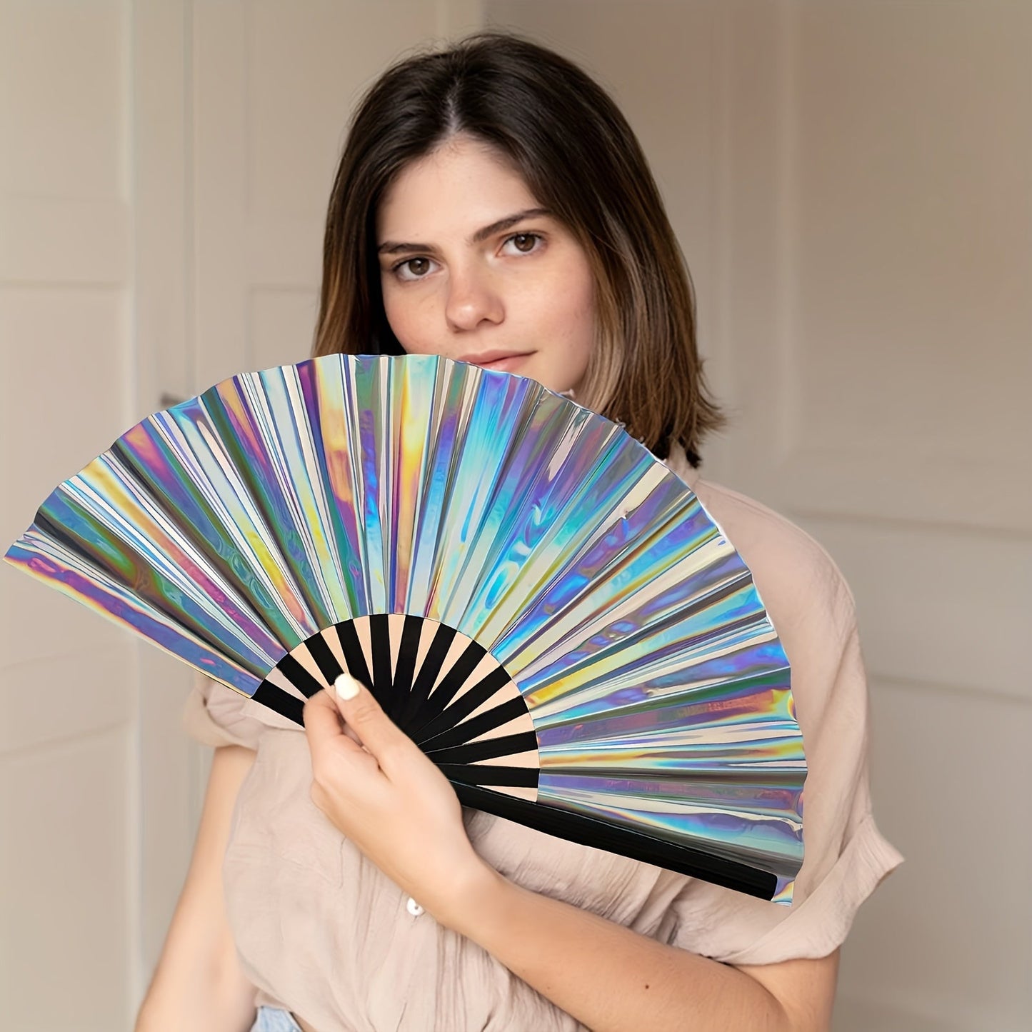 Handheld Party Fan - Vibrant colors make it perfect for festivals, rainbow outfits, disco parties, and dancing. Made of high-quality wooden material, this large folding fan is a stylish accessory to keep you cool at any event.