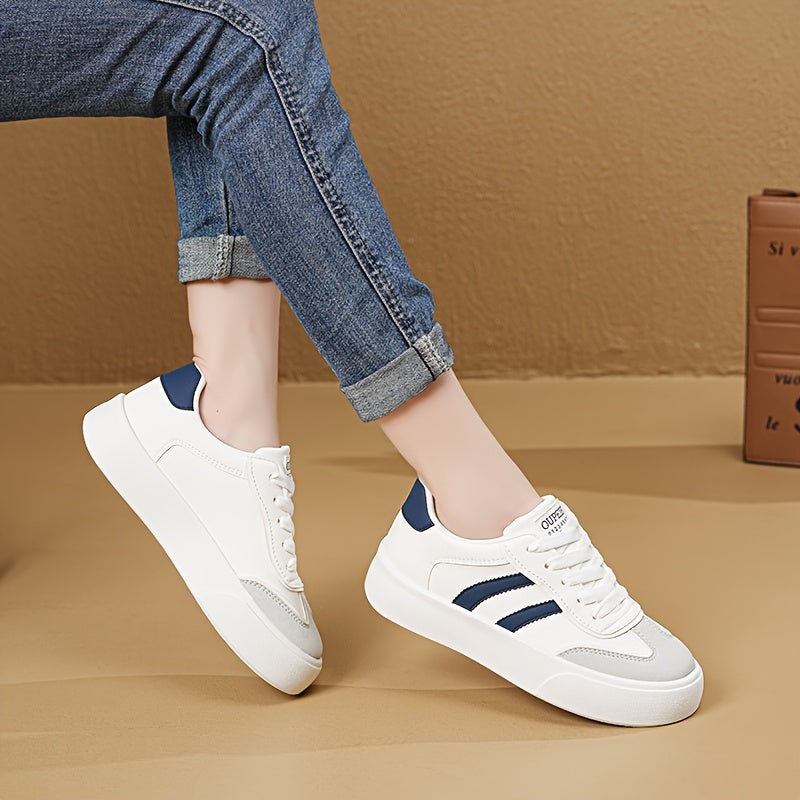 Breathable Lace-Up Cap Toe Sneakers with Korean Style Stripes for Women - All-Season Fashion Shoes with PVC Sole and Non-Woven Insole