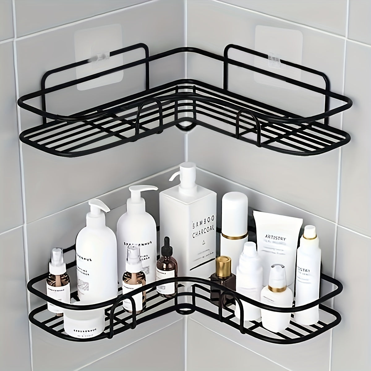 Stainless steel bathroom storage rack with golden tube, wall-mounted corner shower shelf. Comes with seamless stickers for easy installation. Available in white or black finish.