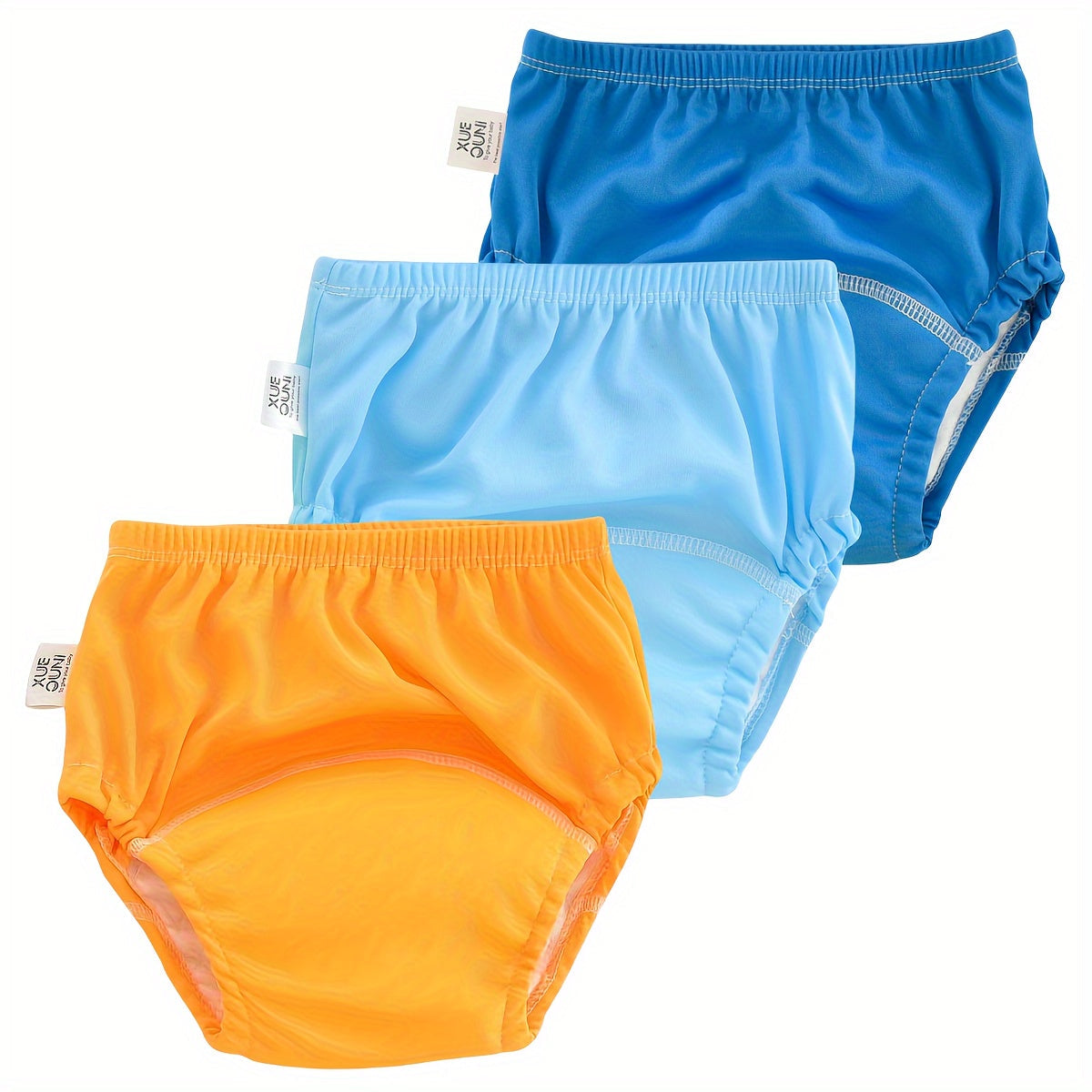 Soft and breathable polyester training pants set of 3 - Comfortable, washable underwear for potty training in a variety of colors: White, pink, purple, green, blue, yellow