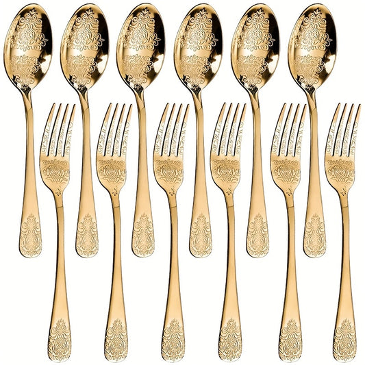 Stainless steel 12-piece cutlery set with embossed design, includes 6 forks and 6 spoons, dishwasher safe for home, kitchen, and restaurant use.