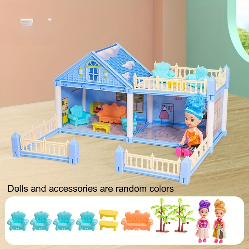 Girl playing with a dollhouse toy set in a children's simulation room, resembling a princess castle villa; ideal as a birthday gift.