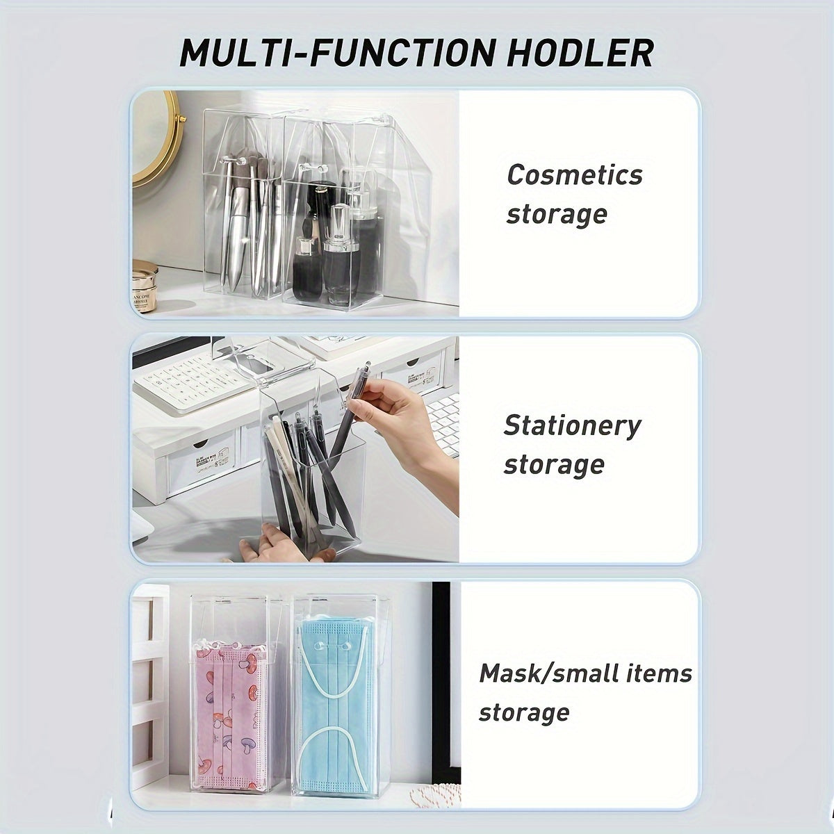 Clear acrylic desk organizer with lid for makeup brushes and pens. Transparent design for easy access and visibility. Made of clear acrylic material.