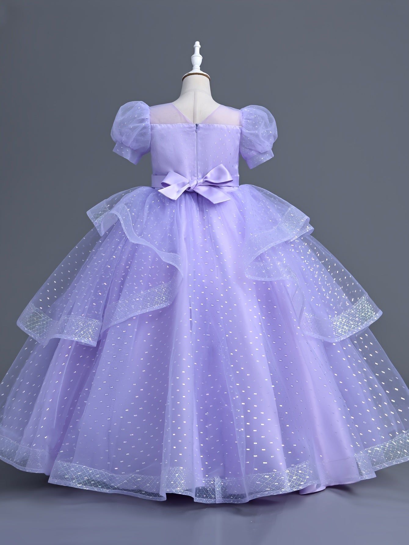 Polyester ball gown dress for girls, featuring a solid color tent silhouette with contrast mesh, crew neck, lantern short sleeves, non-stretch fabric, includes belt. Perfect for all-season