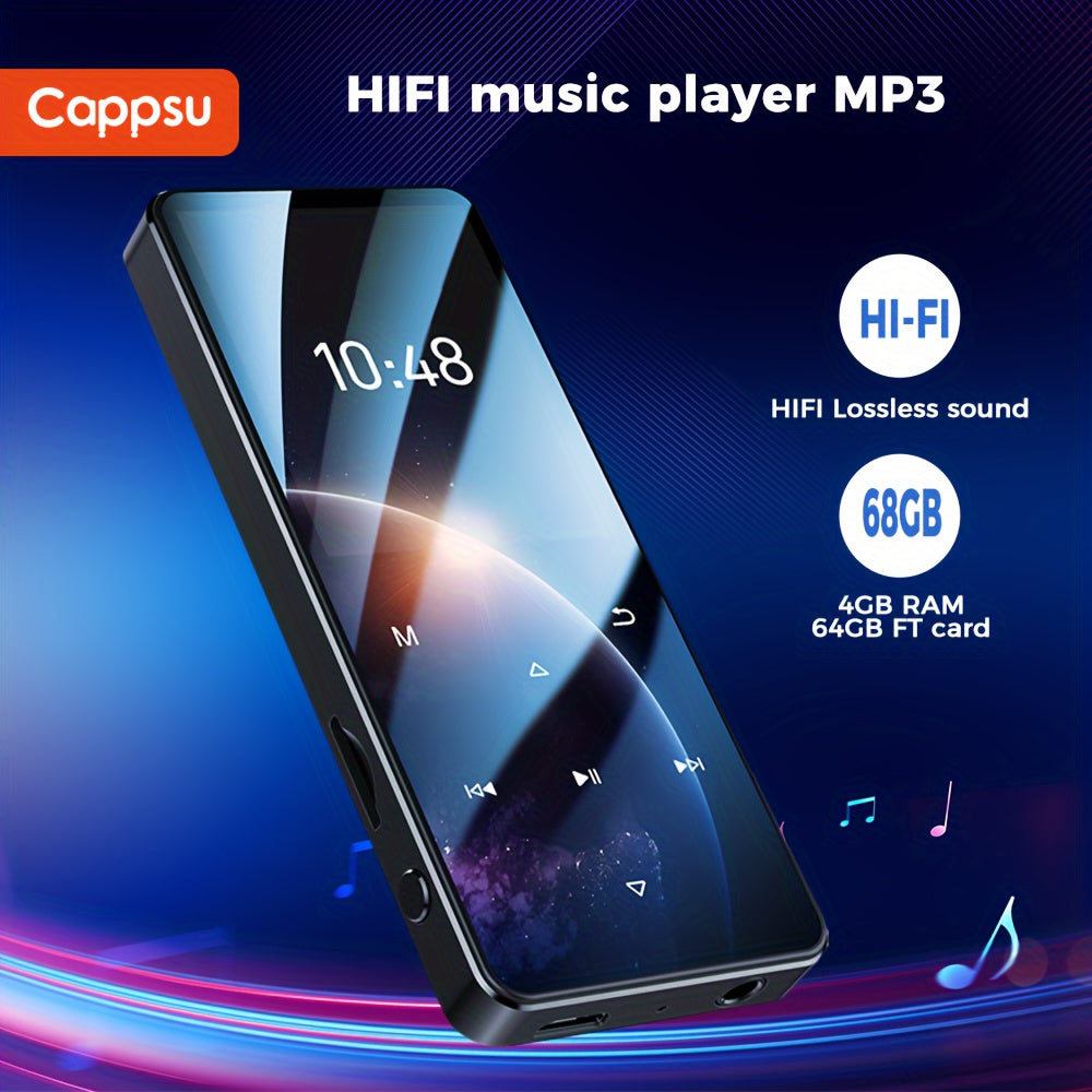 Cappsu 68GB HiFi MP3 плеер с беспроводными функциями, включая воспроизведение видео, FM-радио, просмотр изображений, запись голоса и корпус из цинкового сплава. В комплект входят наушники и USB-порт для зарядки.