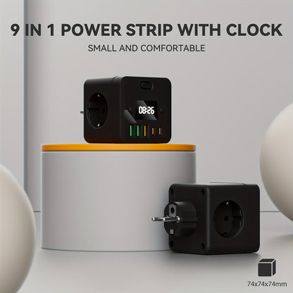 9 in 1 Power Strip with Clock - European Standard Plug Wall Outlet Splitter: 5 USB Ports (2 USB-C), 3 Sockets, Surge Protection & On/Off Switch. Ideal for Home, Office, Travel.