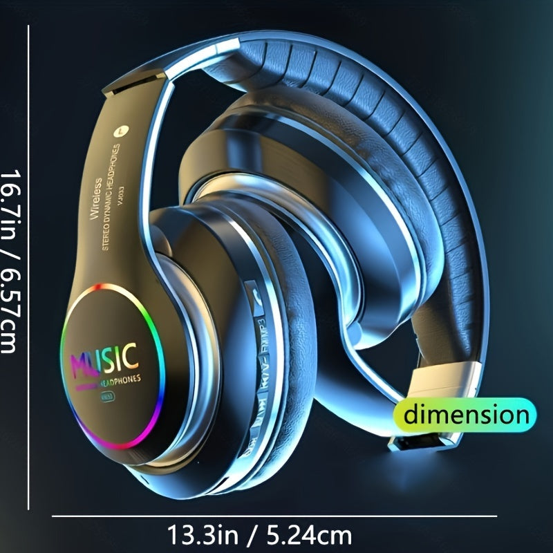 Wireless gaming headphones with deep bass, foldable lightweight design, compatible with 3.5mm audio cable. Features push button volume control, condenser mic, non-waterproof design, USB