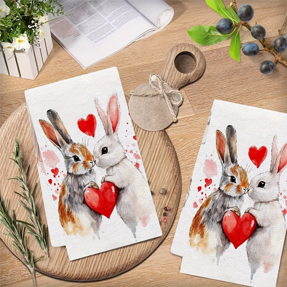 Celebrate Valentine's Day with these 2 ultra soft kitchen towels featuring an adorable bunny and heart design. Made from highly absorbent polyester, these dish hand towels are easy to clean as they are machine washable. Their contemporary style and