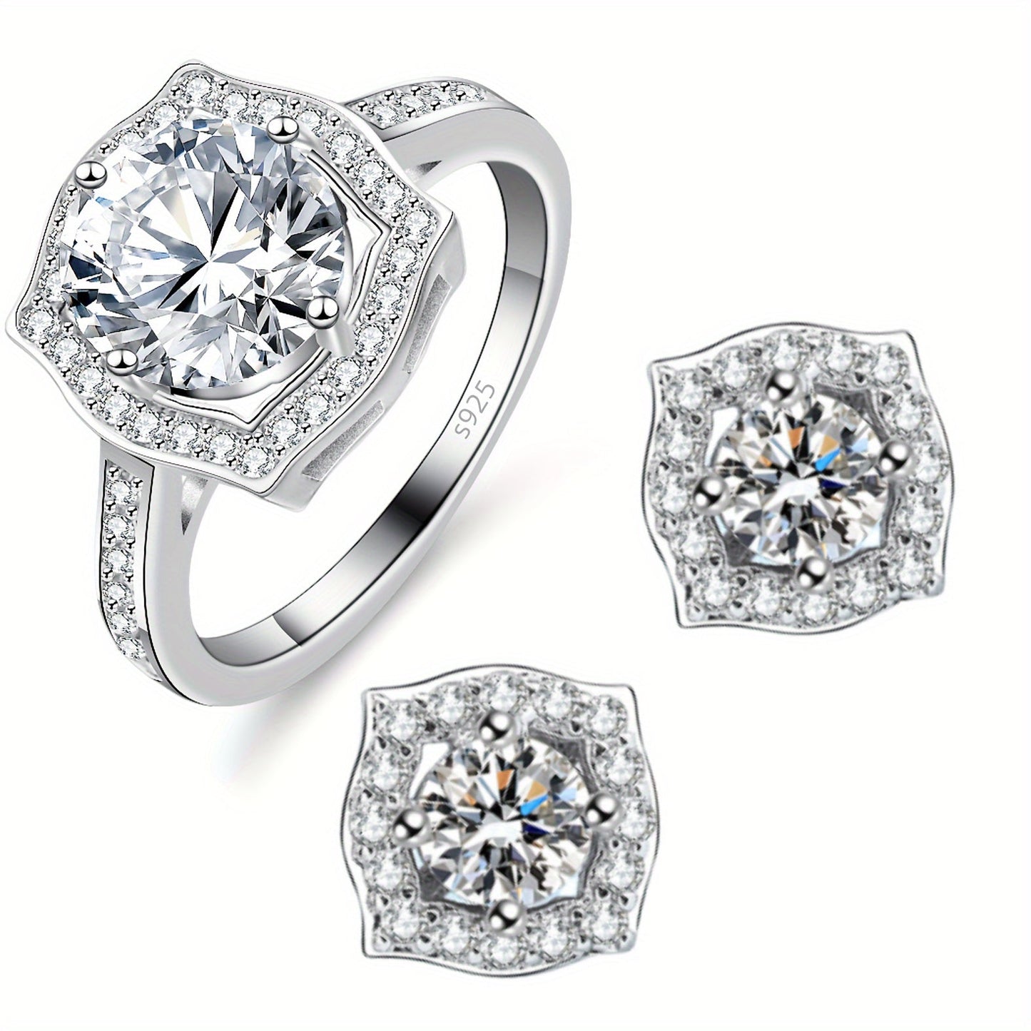 3-piece set of high-quality jewelry from Gems Lady, featuring a 2-carat Moissanite ring and two 1-carat Moissanite ear studs. Made of hypoallergenic S925 sterling silver, this set comes in a gift box and is perfect for weddings, parties, and as a stylish