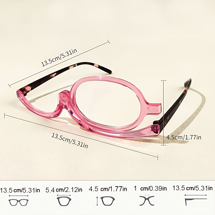 Rotating cosmetic reading glasses for makeup application, covering prescription range +1.0 to +4.0.