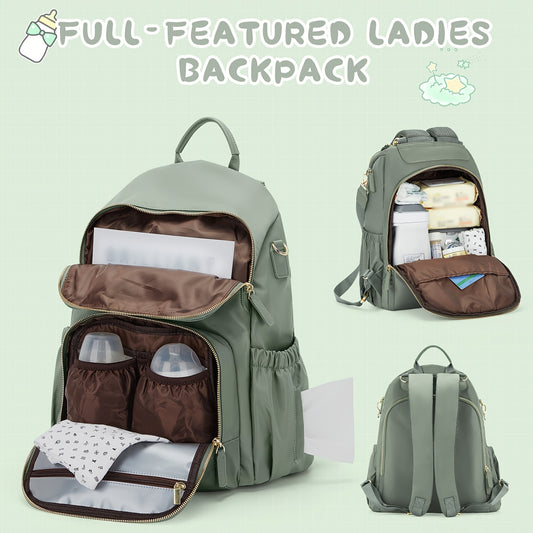 Large capacity waterproof mom backpack with insulated bottle pockets, laptop compartment, and zip closure, great for new moms on the go.