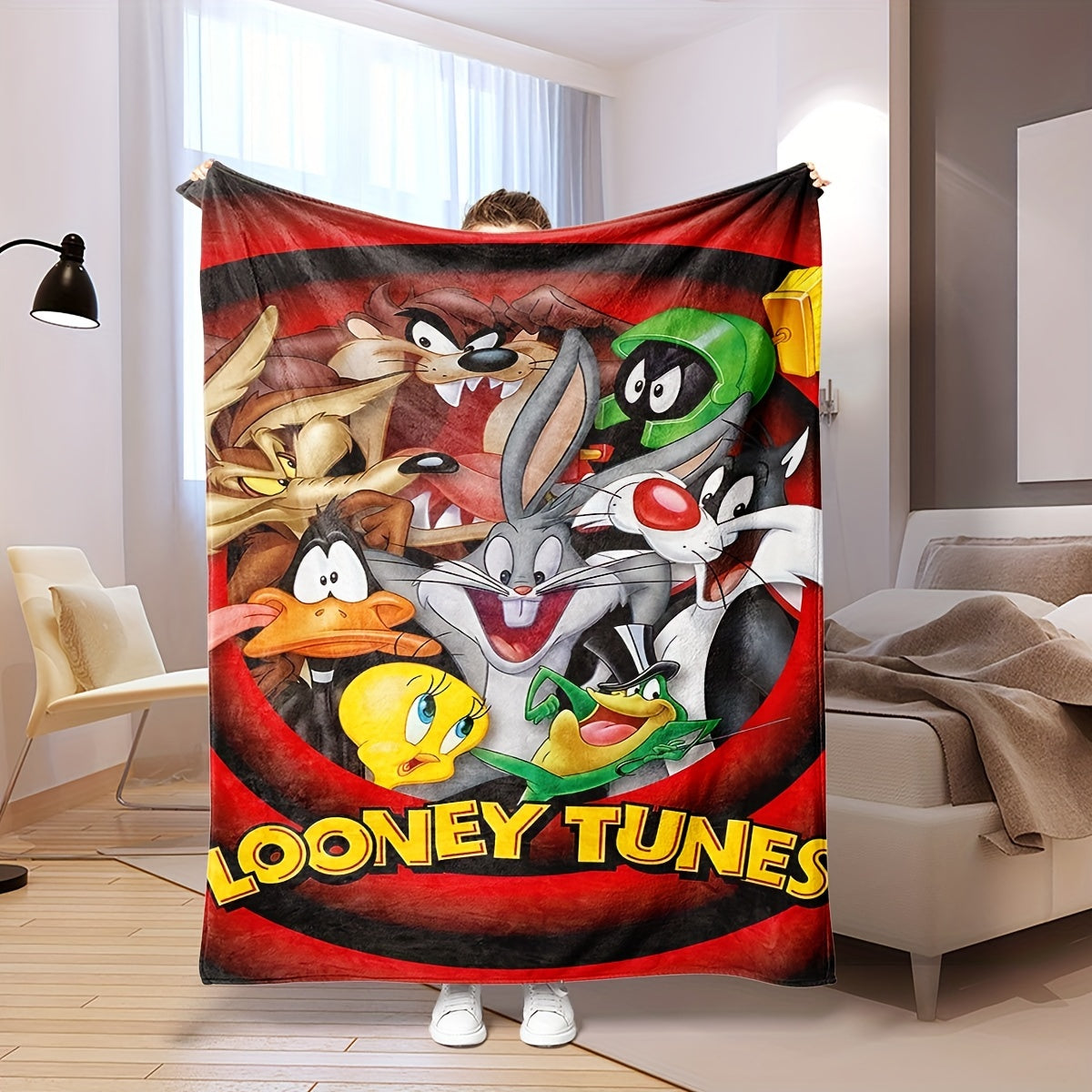 Looney Tunes Cartoon Characters Printed Polyester Knitted Blanket - Modern Design, Versatile Throw for Bedroom, Couch, Bed, Travel - High-Quality Digital Print, Lightweight 200-250gsm Blanket