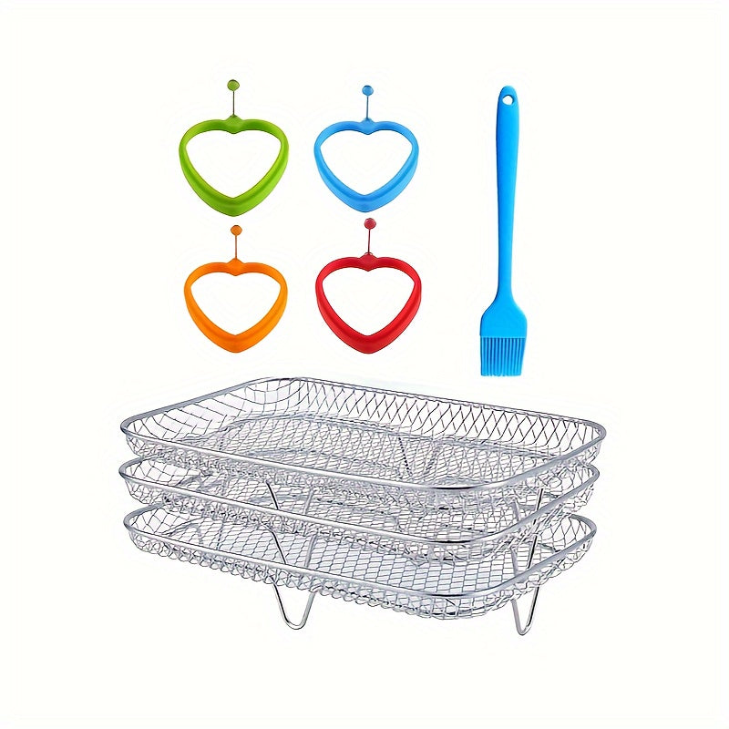 Set of 8 Stainless Steel BBQ Grill Tools with 3-Layer Air Fryer Rack, Double-Layer Skewer Stand, Meat & Vegetable Holder, and DIY Omelet Maker - Comes with Oil Brush