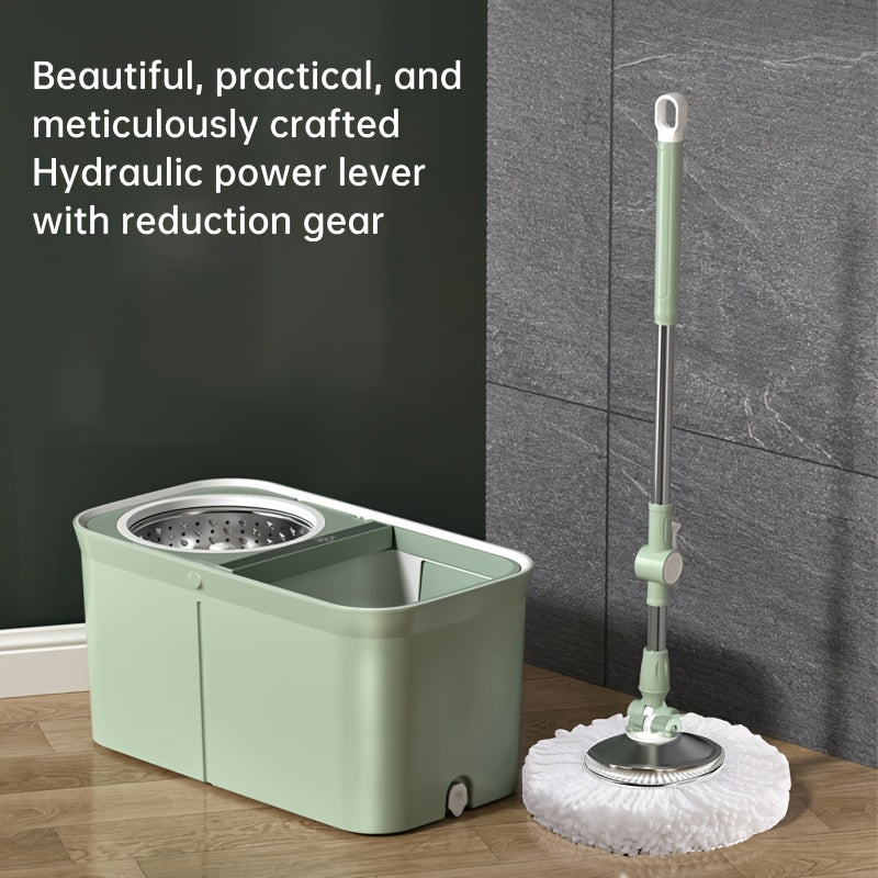 The Rotating Mop Bucket Set with Stainless Steel Rod, Three Mop Cloths, and Hands-Free Washing Design is perfect for households and ideal for use in the living room, kitchen, and bathroom. It is specially designed for those who prefer a more convenient