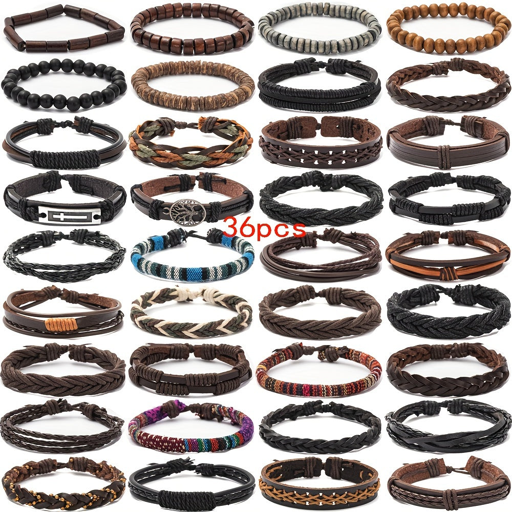 Set of 36 Men's Hand-woven Multi-layer Pu Leather Bracelets, Adjustable and on Sale