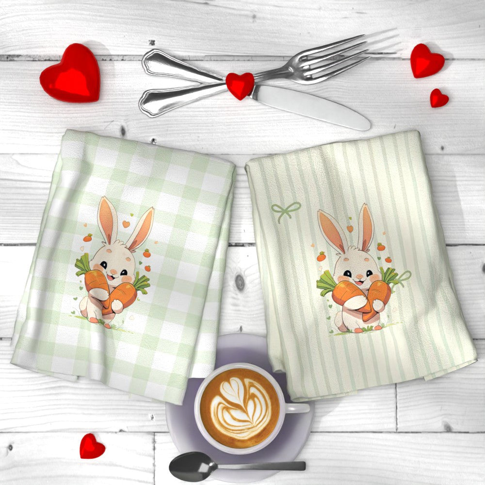 Two pieces of high-quality tea towels featuring a rabbit and carrot design, measuring 45.72x66.04cm. Made of soft, quick-dry polyester, these towels are highly absorbent and machine washable. The modern design boasts vibrant colors, making them ideal for