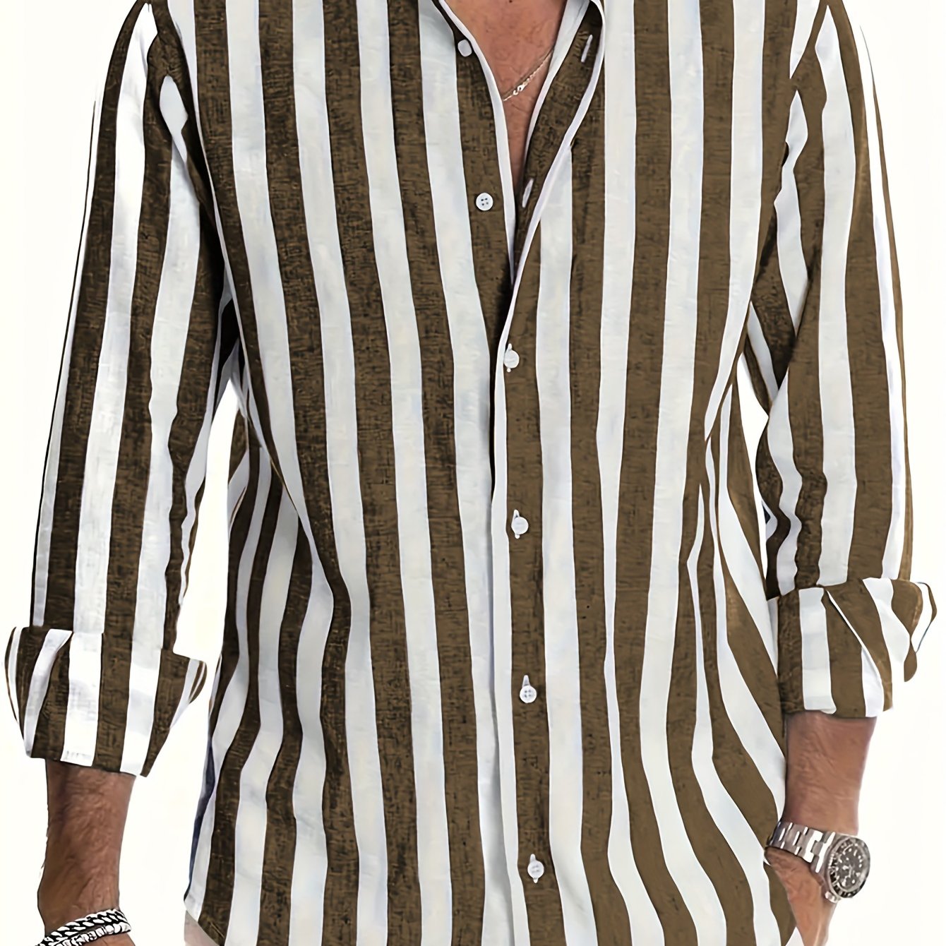 Men's casual striped long sleeve button-up shirt in white & brown vertical stripes. Made from a cotton linen blend, lightweight & breathable. Ideal for beach vacations, date nights, or as a