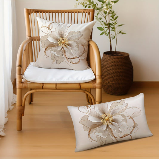 Two-piece Set of Large Flower Creative Simple Gauze Pillow Covers in Coffee Color and Golden Peach Velvet. Perfect for car seat cushions, living room sofas, and bedroom pillows. Add a touch of luxury to your home decor with these single-sided printed