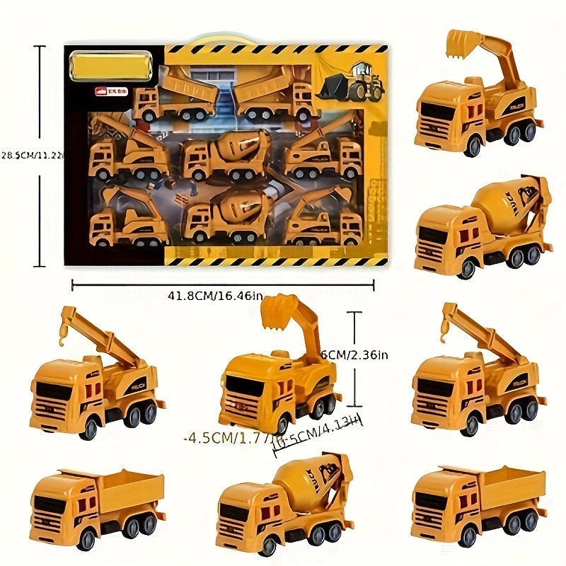 8-piece set includes excavator toy, construction vehicles, and inertia-powered excavator combination - great for learning about transportation tools and as a gift option.