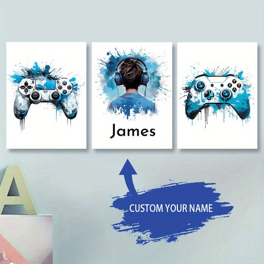 Customized 3-Piece Gamer Wall Art Set - Personalized Canvas Prints with Name for Kids' Room, Nursery, and Dining Decor - Variety of Colors and White