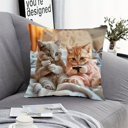 Adorable kitten print pillowcase - French style, 44.96cm x 44.96cm, machine washable, zippered closure, 100% polyester. Ideal for living room and bedroom decor (pillow insert not included).