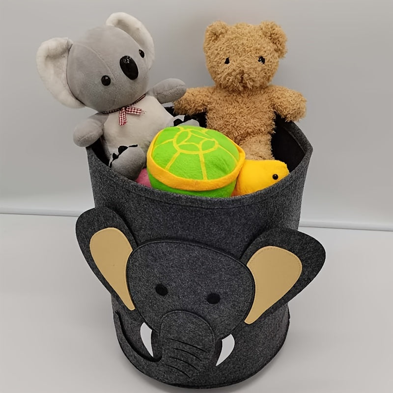 Dimensions of 13.8 inches by 14.6 inches, this cute Cartoon Felt Storage Bucket is ideal for storing children's toys, clothes, and infant items. A great addition to any nursery or play area!