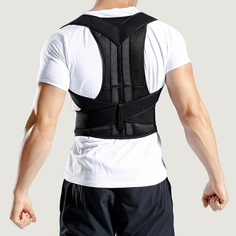 Unisex posture corrector back brace made of knit fabric, neoprene, polyester, and nylon. Adjustable waist protector for spine alignment with breathable design for year-round use.