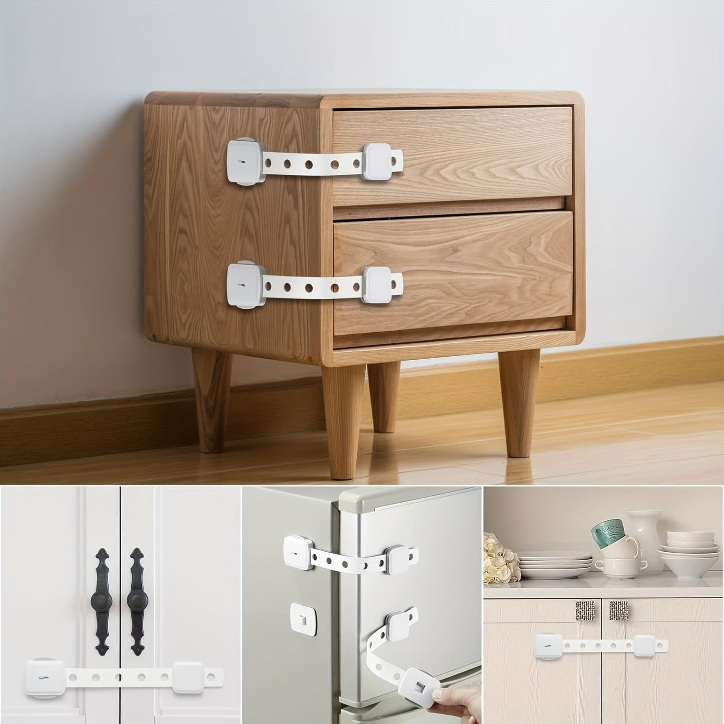 Multifunctional Safety Locks - Choose from sets of 4, 6, 8, or 10. Adjustable Drawer Locks that require no drilling for installation. Perfect for cabinets, drawers, refrigerators, dishwashers, and toilet seats.