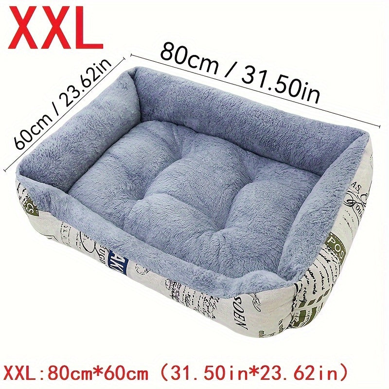 Soft light blue dog bed with newspaper print border, suitable for small, medium, and large dogs. Provides all-season warmth and comfort. Stylish and warm pet cushion.