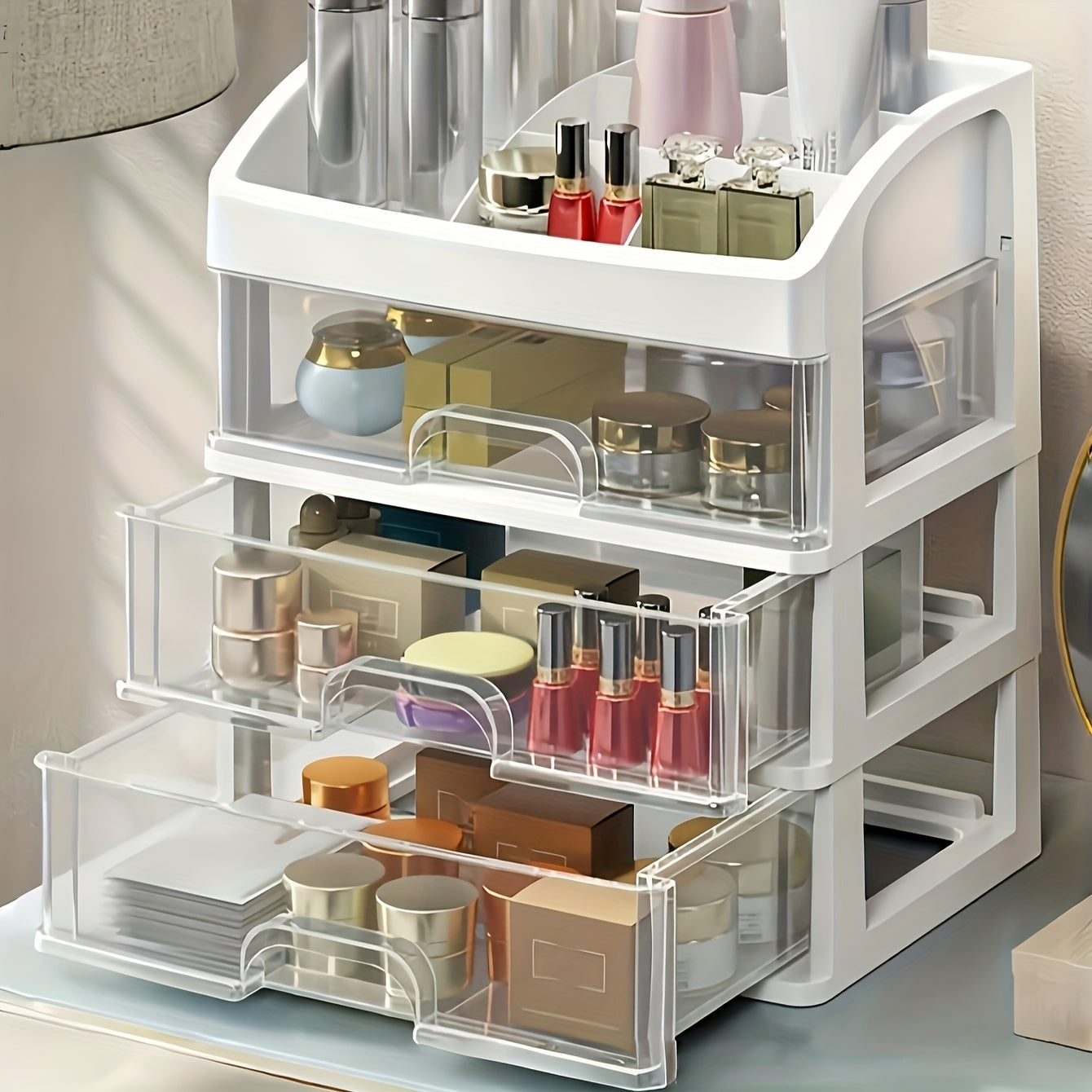 4-Tier Expandable Cosmetic Organizer made of durable PP material with a sleek unfinished design, perfect for bathroom and vanity display. Great for home decor and office desk organization.