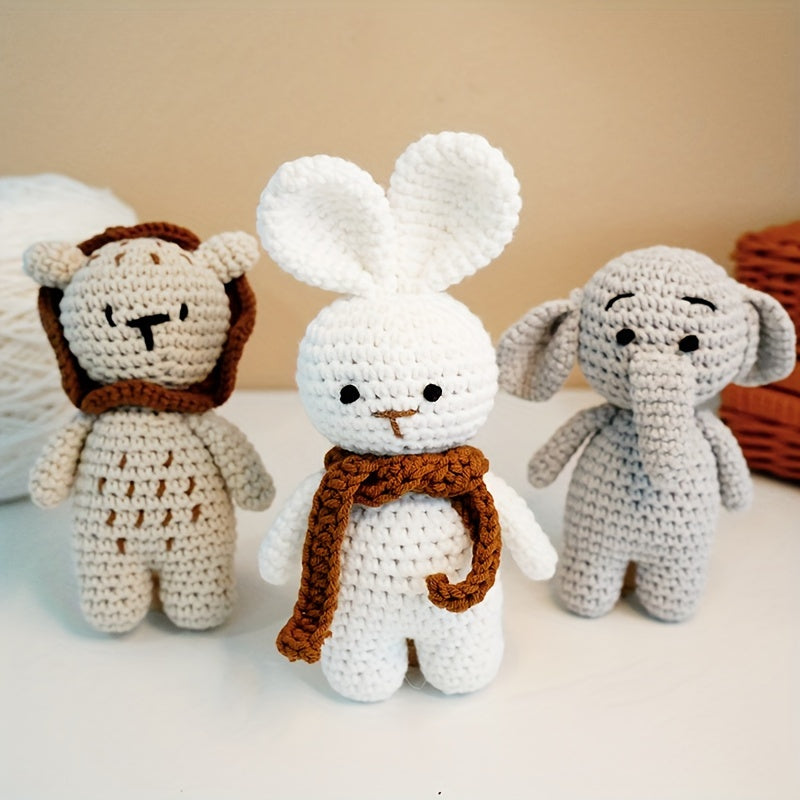 Unique Crocheted Animal Plush Toys - Elephant, Lion, and Bunny - Adorable Cotton Play Dolls in Khaki, Grey, and White - Ideal Keepsake Present