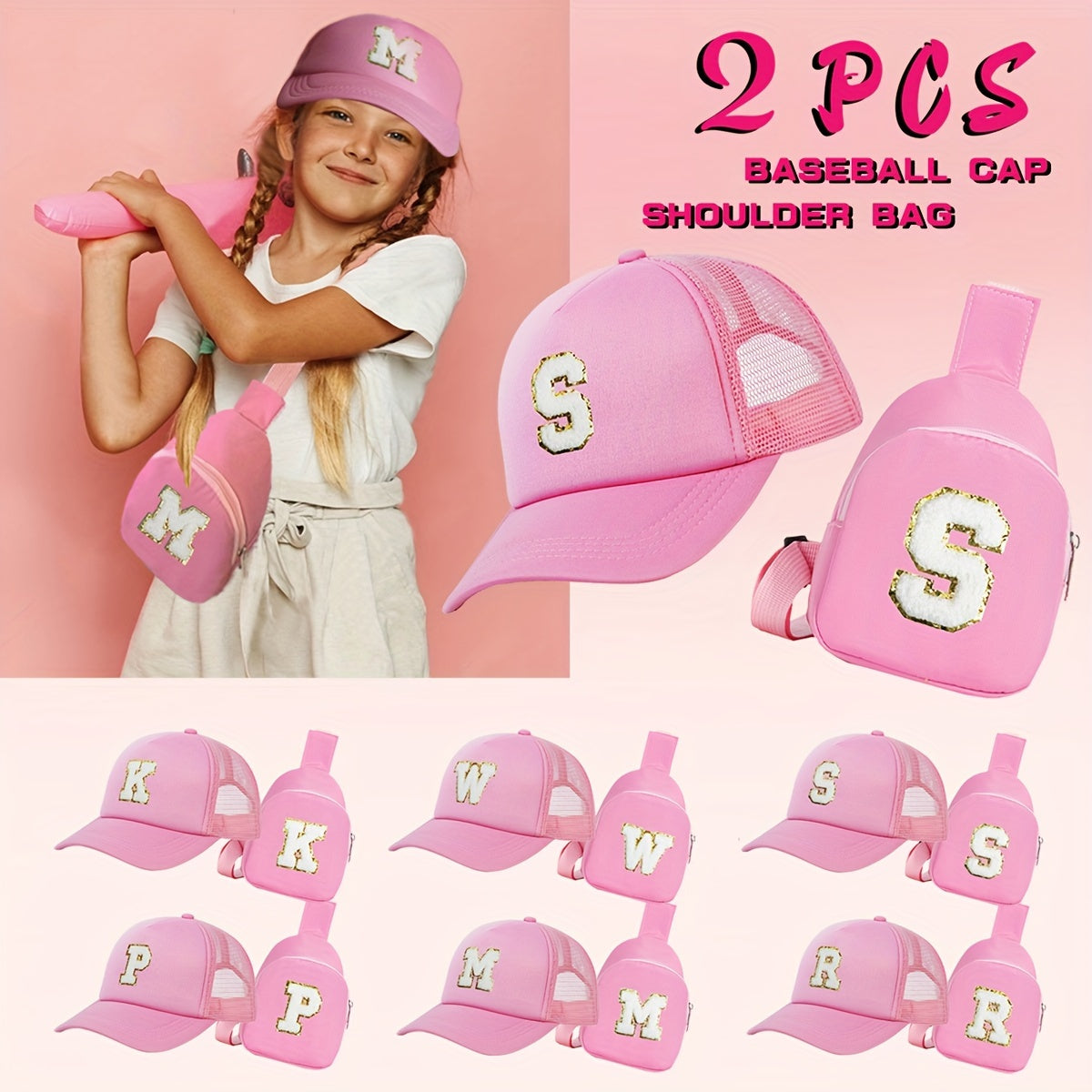 Alphabet-themed 2-piece set for girls includes a polyester baseball cap and bag, suitable for ages 3-14. Features a fitted, breathable design ideal for daily wear and special occasions