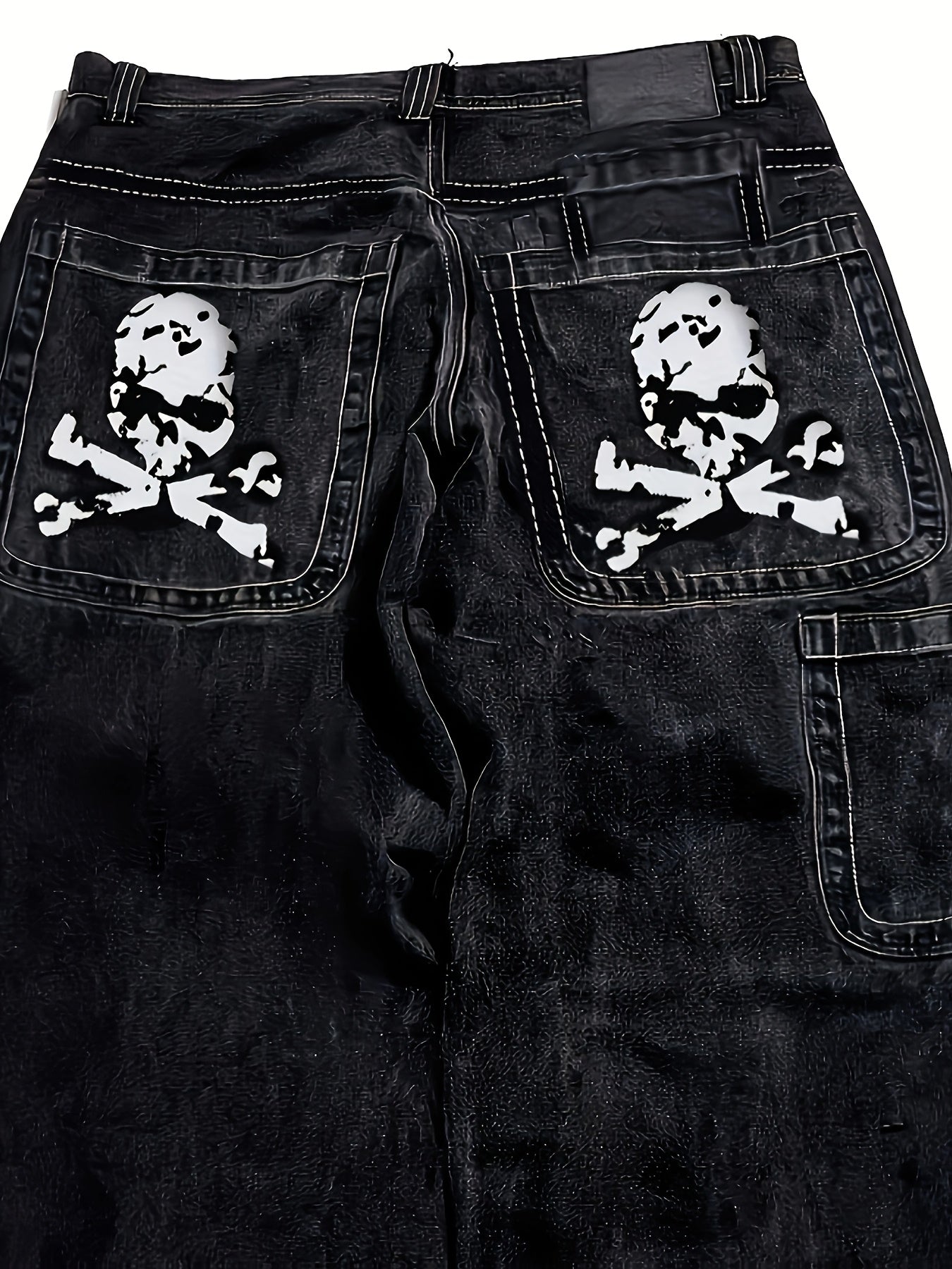 Men's Y2K Style Skull Print Wide-Leg Jeans with Flap Pockets - Streetwear Denim, Machine Washable, Blend Fabric, PLUS SIZE