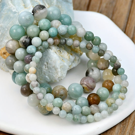 Set of 4 Bracelets made with Natural Amazonite Beads, Perfect for Boho Vacation Style, Ideal for May Birthdays, Unplated, Great for Everyday and St. Patrick's Day Wear