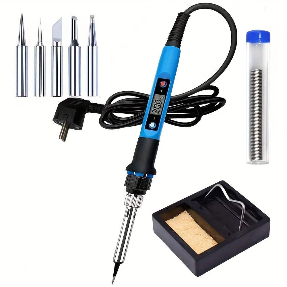 80W adjustable temperature soldering iron kit with European plug, blue & black, includes precision tips & solder paste for DIY electronics projects.