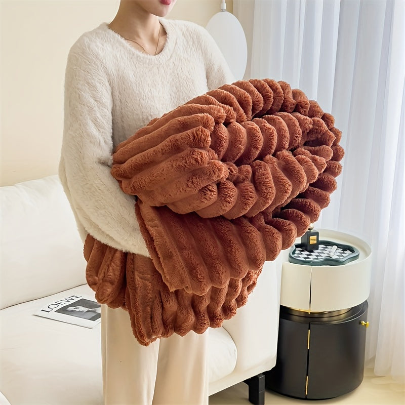 Faux rabbit fur throw blanket, perfect for staying warm indoors or outdoors. Great for napping, using in the office, or taking on camping trips. Can also be used as an air conditioning blanket. Makes a great gift for Christmas or any occasion.